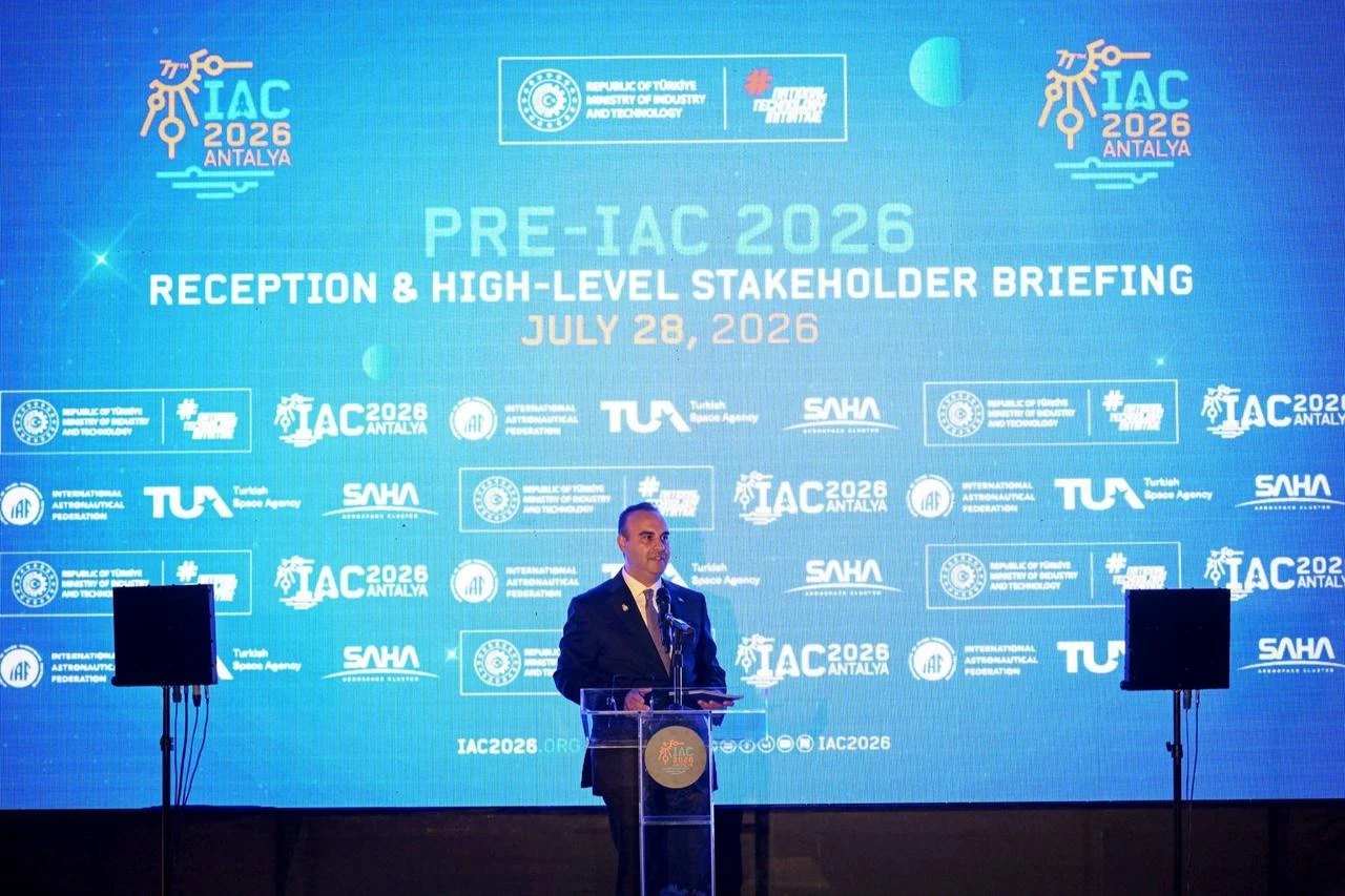 A speaker addresses the Pre-IAC 2026 Reception and High-Level Stakeholder Briefing at the Ethnography Museum in Ankara, Türkiye, July 28, 2026, ahead of the 77th International Astronautical Congress in Antalya. (Photo via IAF)