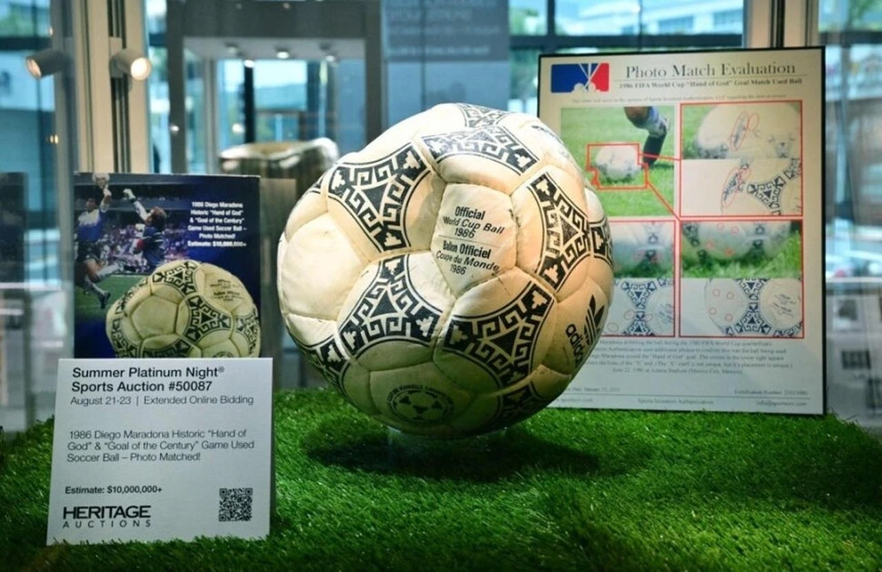 The ball that was used in the 1986 World Cup match between Argentina and England during which Argentina’s Diego Maradona scored the “Hand of God” goal is displayed before auction at Heritage Auctions in Beverly Hills, California, U.S., Aug. 7, 2026. (AFP Photo)
