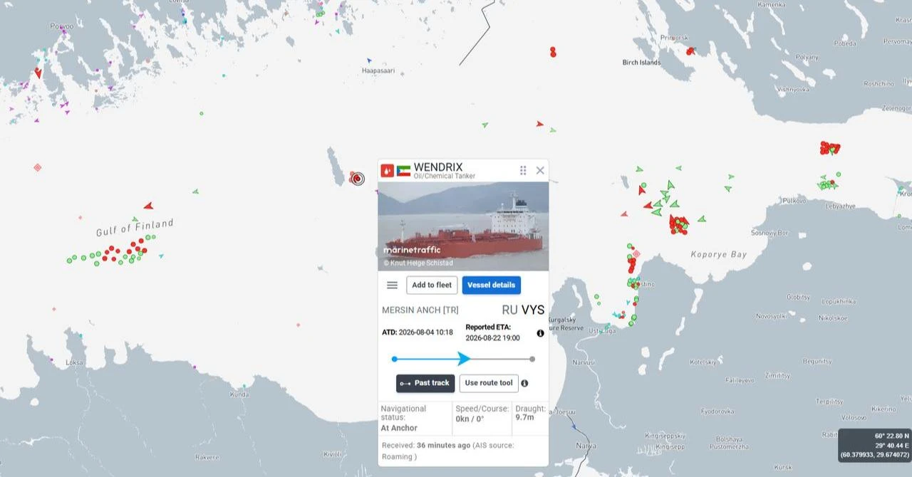 Map shows the Wendrix tanker sailing from Mersin, Türkiye, toward Russia off the coast of Latvia, Aug. 24, 2026. (Image via MarineTraffic)