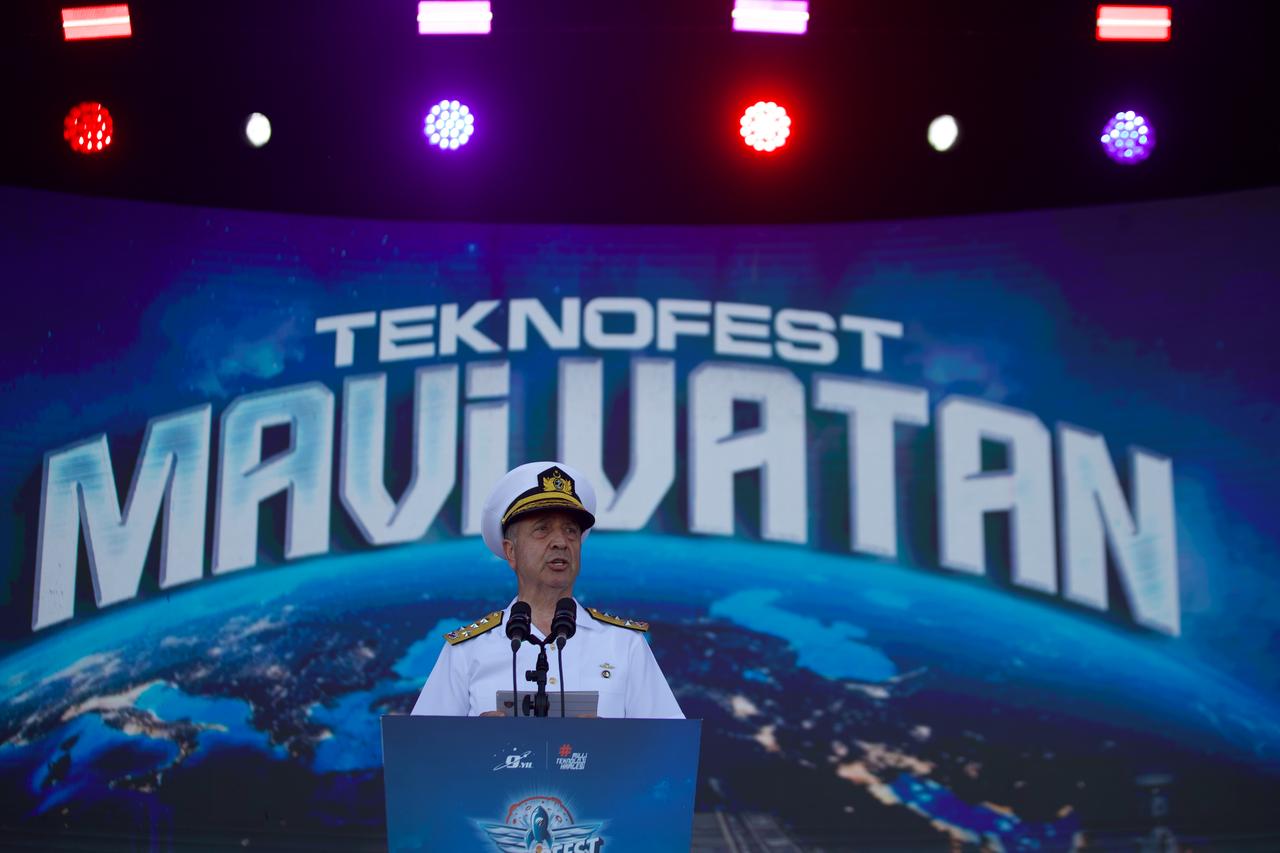 Turkish Naval Forces Commander Adm. Ercument Tatlioglu delivers a speech during the "Teknofest Blue Homeland Closing Program" at Golcuk Shipyard Command in Kocaeli, August 23, 2026. (AA Photo)