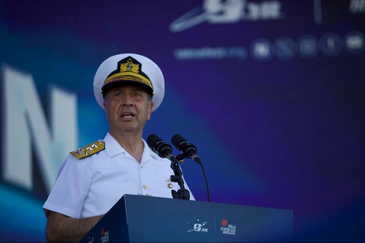 Turkish Naval Forces Commander Adm. Ercument Tatlioglu delivers a speech during the "Teknofest Blue Homeland Closing Program" at Golcuk Shipyard Command in Kocaeli, Aug. 23, 2026. (AA Photo)