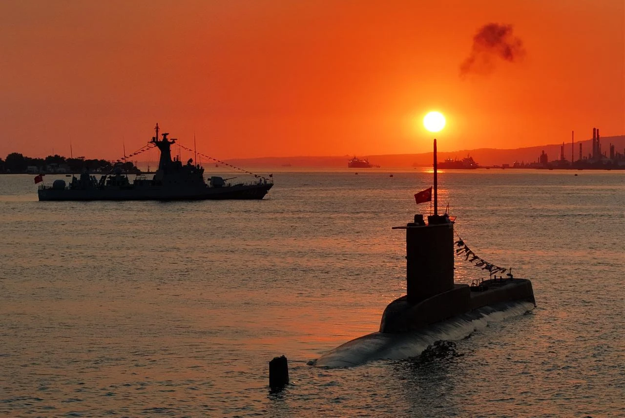 A view of sunset over Golcuk Naval Shipyard in Kocaeli, Türkiye, on August 22, 2026, during the Teknofest Blue Homeland maritime and defense festival. (AA Photo)
