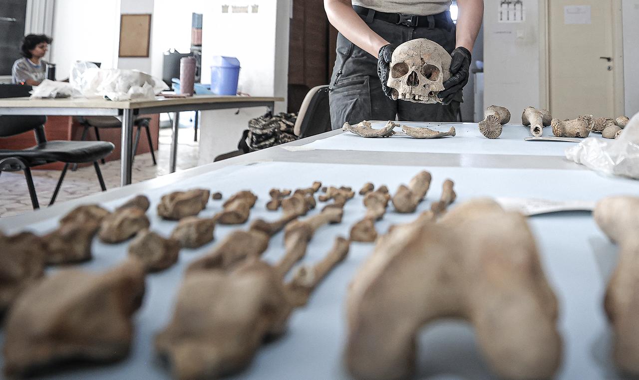 Archaeologists examine skeletal remains recovered from a Byzantine-era necropolis south of the Roman Theater in İznik, Bursa, Türkiye, Aug. 20, 2026. (AA Photo)