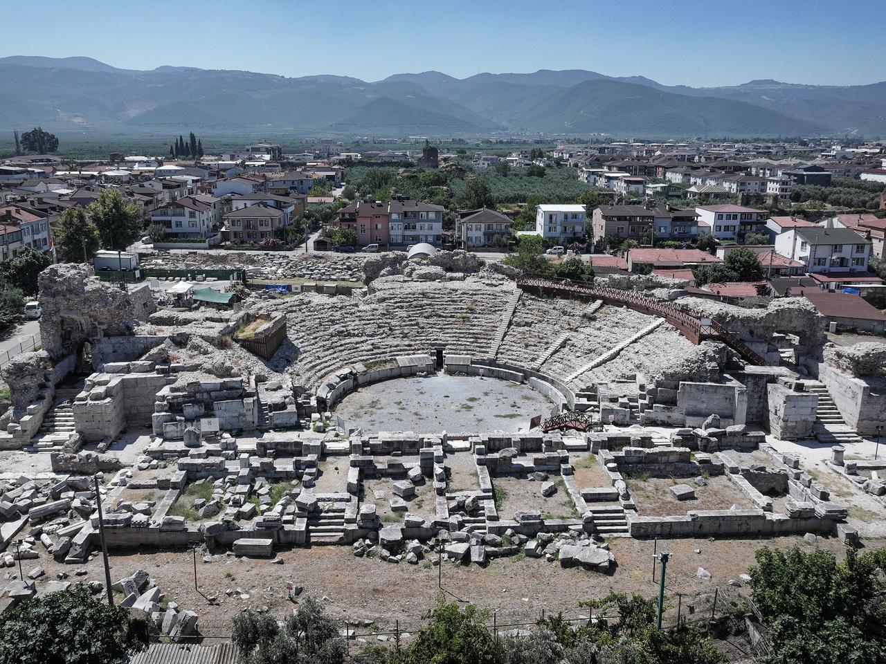 The Roman Theater and excavation area where archaeologists uncovered skeletal remains linked to what researchers describe as the earliest known plague case in Anatolia, İznik, Bursa, Türkiye, Aug. 20, 2026. (AA Photo)