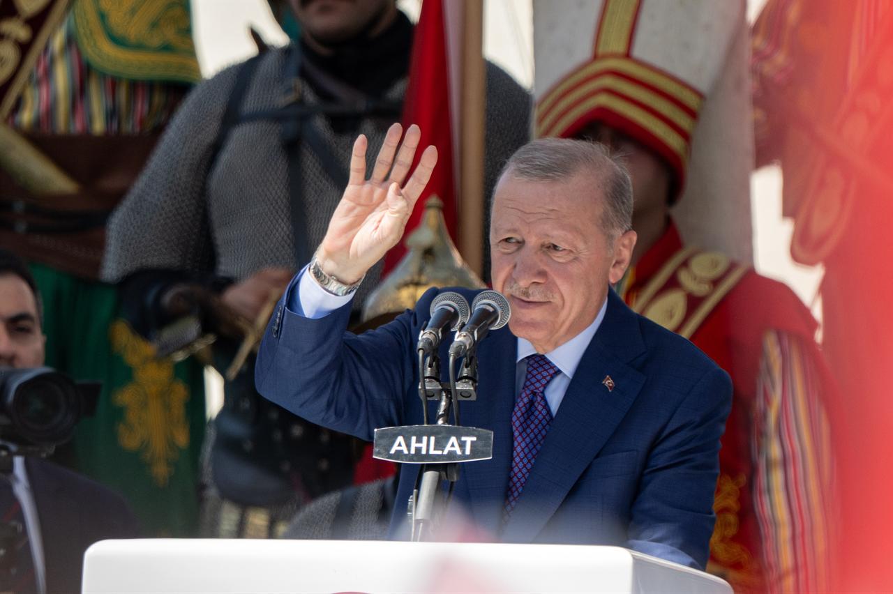 President Recep Tayyip Erdogan delivers a speech as he attends a ceremony marking the 955th anniversary of the Manzikert (Malazgirt) Victory in the Ahlat district of Bitlis, Türkiye, August 25, 2026. (AA Photo)