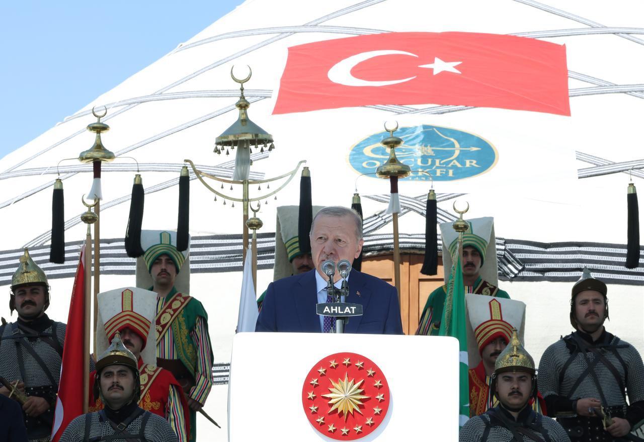 President Recep Tayyip Erdogan delivers a speech as he attends a ceremony marking the 955th anniversary of the Manzikert (Malazgirt) Victory in the Ahlat district of Bitlis, Türkiye, August 25, 2026. (Turkish Presidency/Mustafa Kamaci/HO)