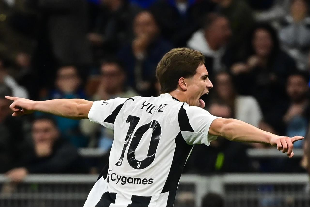 Juventus' midfielder Kenan Yildiz (10) celebrates scoring his team's fourth goal during match between Inter Milan at San Siro Stadium in Milan, Italy on October 27, 2024. (AA Photo)
