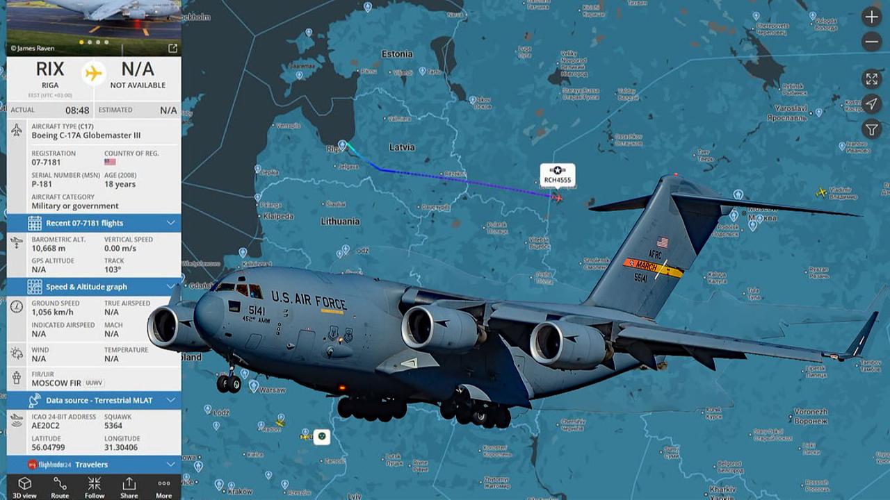 The large Boeing Globemaster with the U.S. registered tail number 07-7181 had flown directly from Riga in Latvia and landed in Moscow. (Source: The Moscow Times)