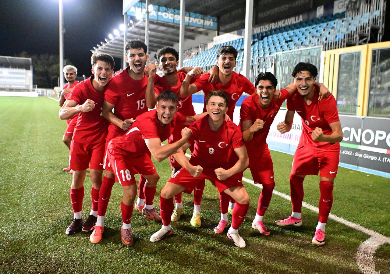 Türkiye's under-20 national football team celebrates after defeating North Macedonia in 2026 Mediterranean Games in Taranto, Italy, Aug. 8, 2026. (Photo via Türkiye Football Federation)