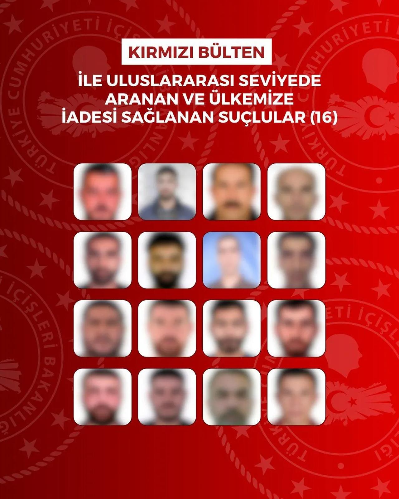 Türkiye's Interior Ministry published 16 extradited criminals who were sought with an international red notice. (Courtesy of the Interior Ministry)