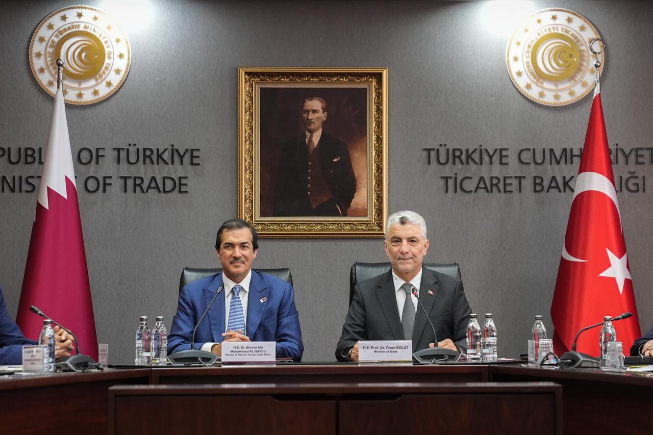 Turkish Trade Minister Omer Bolat (R) with Qatar’s Minister of State for Foreign Trade Ahmed bin Mohammed Al-Sayed at the Trade Ministry in Ankara, Türkiye, Aug. 24, 2026. (AA Photo)