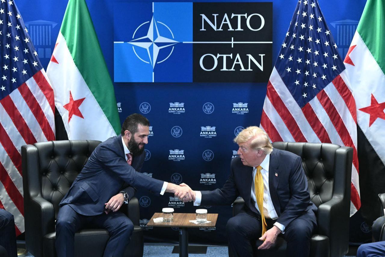 US President Donald Trump meets Syrian President Ahmed al-Sharaa (L) on the sidelines of the NATO Summit at Bestepe Presidential Compound in Ankara, on July 8, 2026. (AFP Photo)