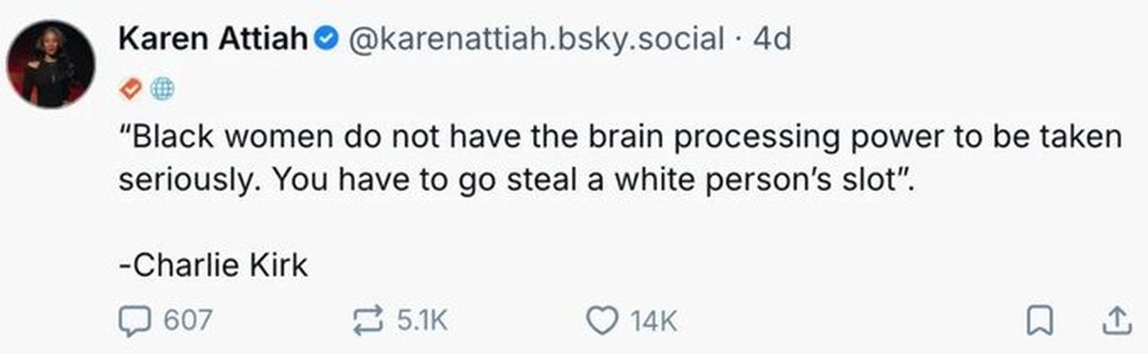 Screenshot of one of the statements about Charlie Kirk that Attiah wrote on her personal X page. (Photo via X/@KarenAttiah)