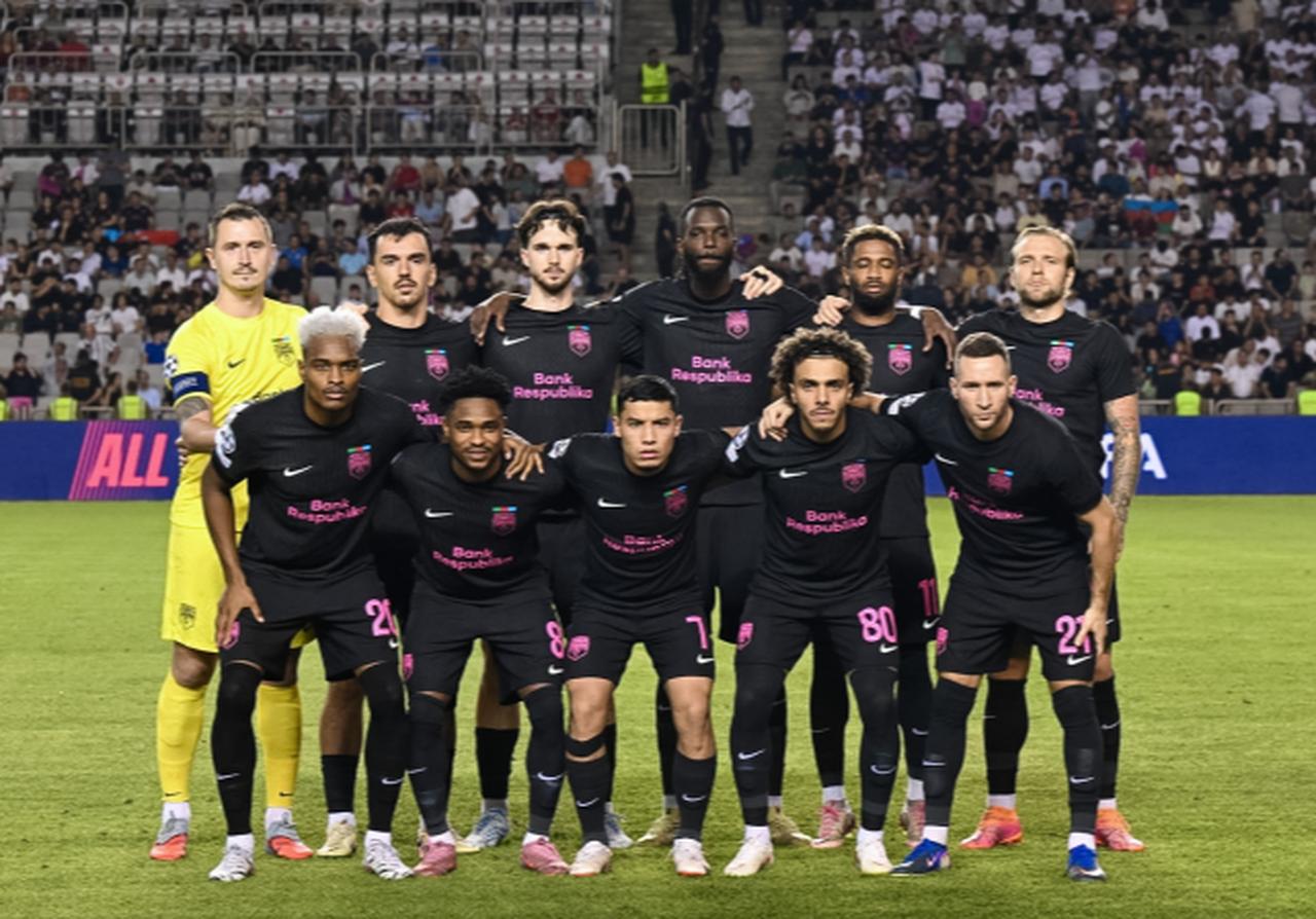 Azerbaijani club Sabah players pose before playoff round to qualify for the Champions League league phase with  Israeli side Hapoel Beer Sheva in Baku, Azerbaijan, Aug. 26, 2026 (Photo via X)