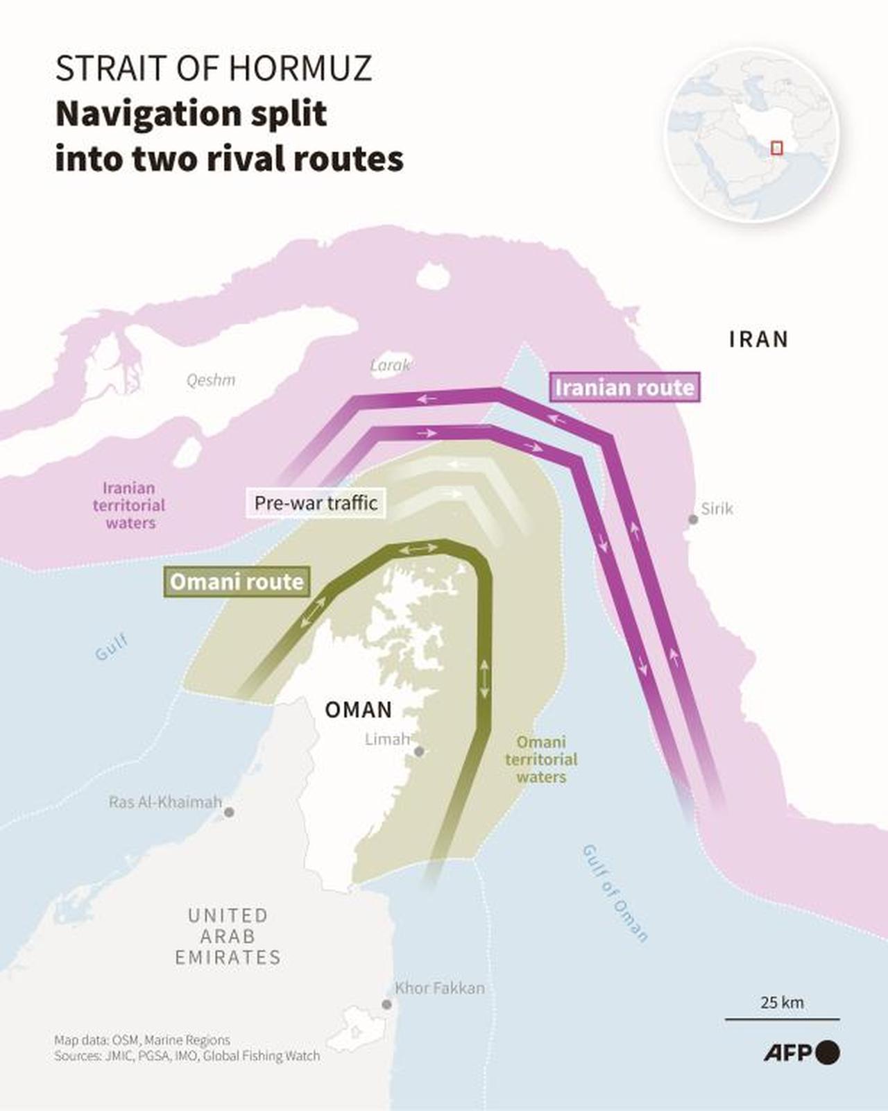 Infographic with a map of the Strait of Hormuz showing the shipping lane coordinated by Oman and the lane designated by Iran, as Tehran and Muscat discuss an agreement on transit arrangements along this strategic route. (Graphic by AFP)