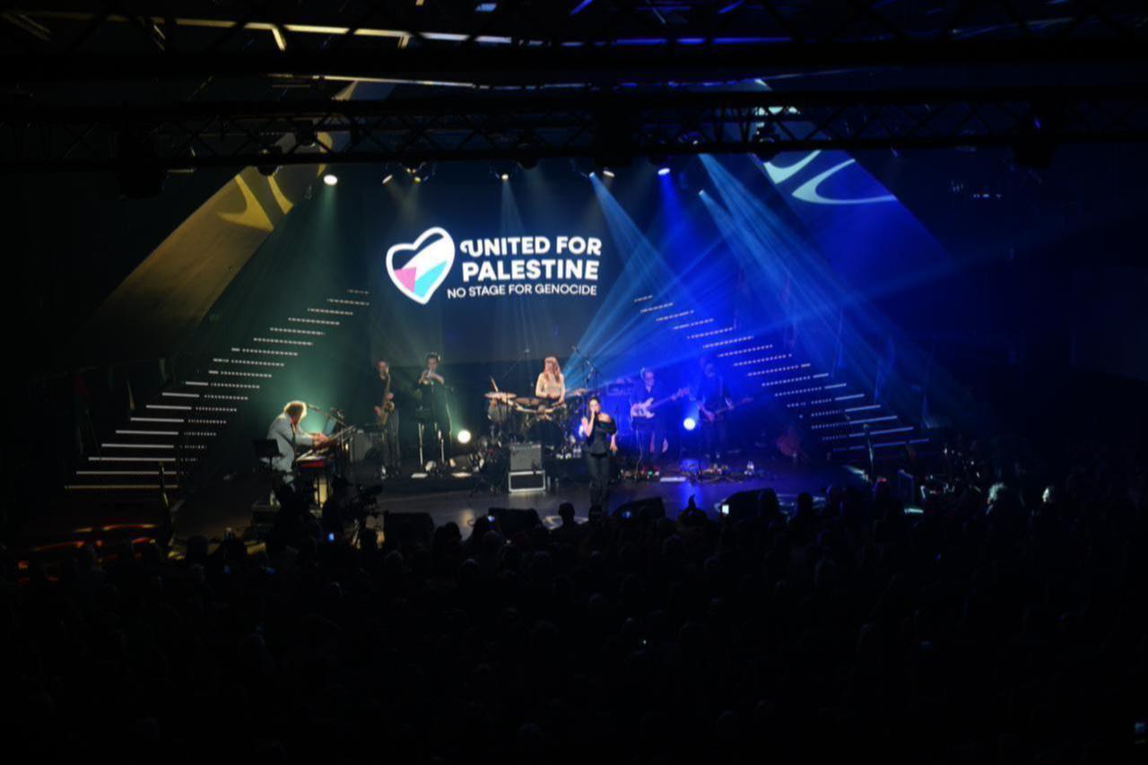 People attend an alternative concert titled "United for Palestine - No Stage for Genocide" to protest Israel's participation in the Eurovision Song Contest in Brussels, Belgium, May 12, 2026. (AA Photo)