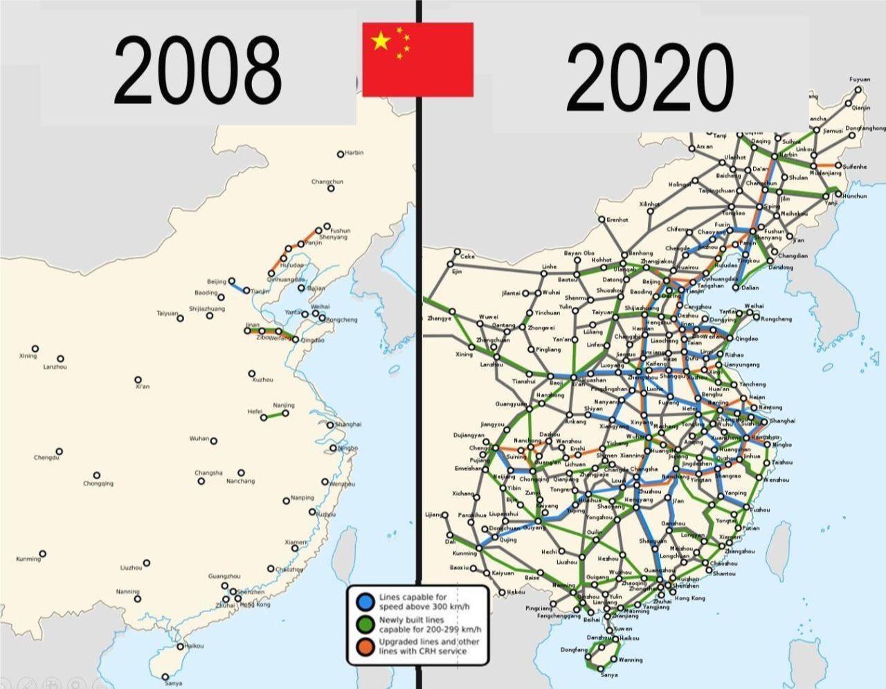 The viral image compares China's high-speed rail network in 2008 and 2020, showing a massive expansion of high-speed train tracks across the country. (via Reddit)