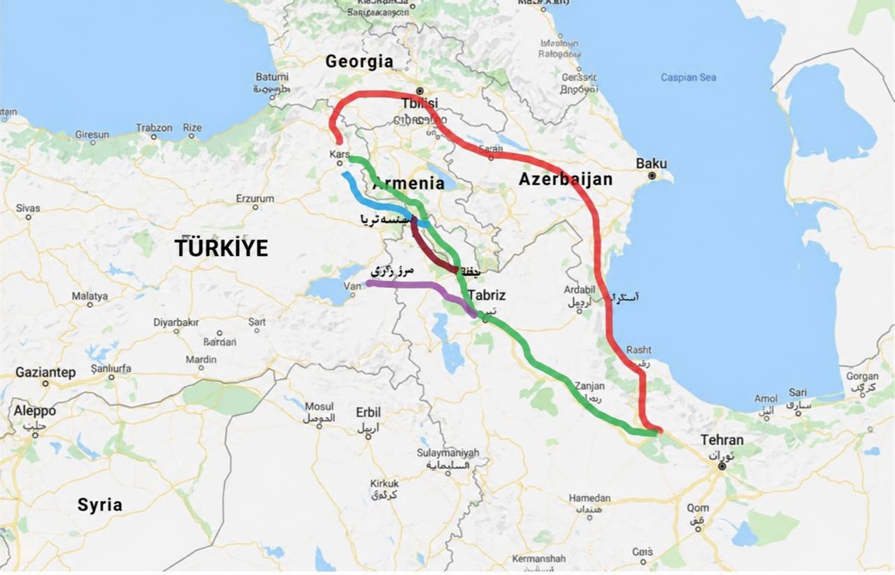Map shows the planned and existing rail connections across northwestern Iran and Türkiye, with the dark red line marking the planned route through Tabriz and Marand toward the Cheshmeh Soraya border point. (Image via mashreghnews.ir)