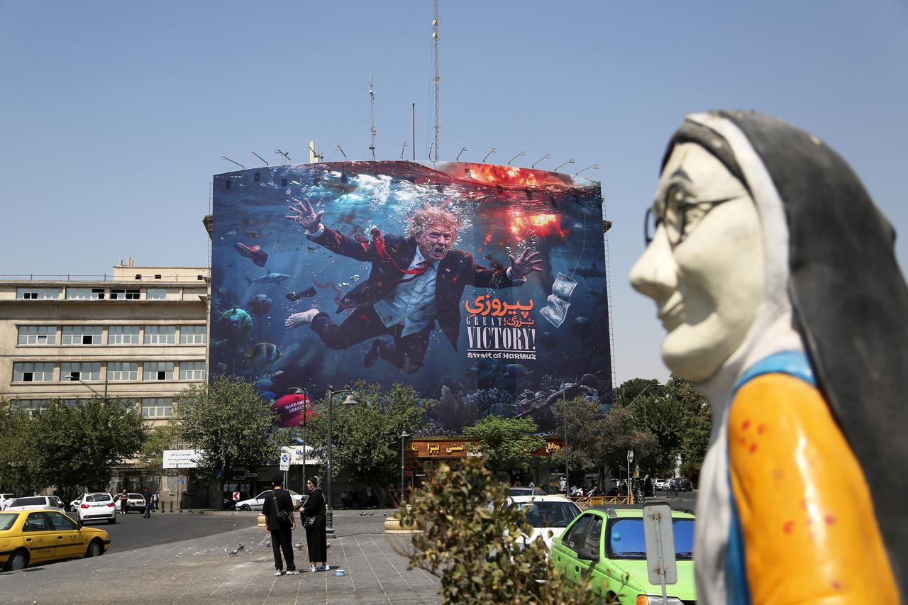 A large billboard bearing the slogan "Great Victory" in both Persian and English is seen displayed at Rah Ahen Square in Tehran, Iran, on August 25, 2026. (AA Photo)