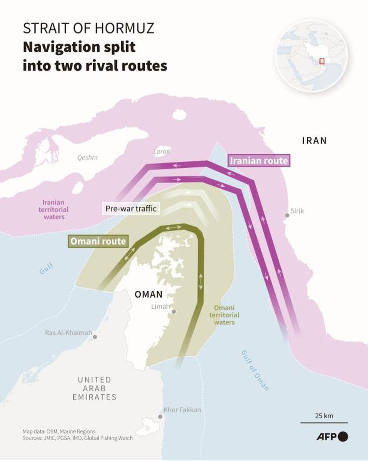Infographic with a map of the Strait of Hormuz showing the shipping lane coordinated by Oman and the lane designated by Iran, as Tehran and Muscat discuss an agreement on transit arrangements along this strategic route. (Graphic by AFP)