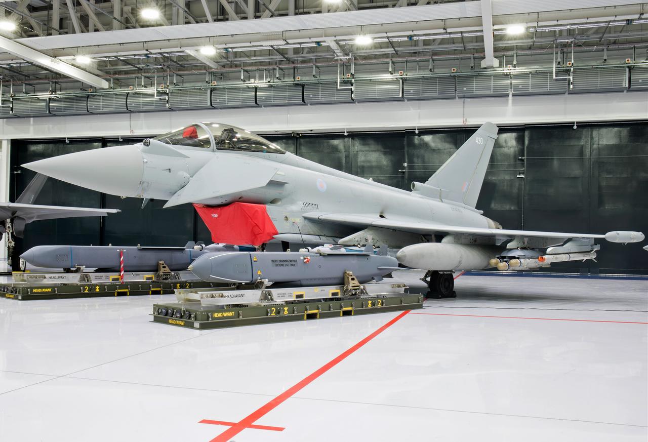 Pictured in a hangar at RAF Marham is a Typhoon, pictured with the deep-strike cruise missile Storm Shadow, the air-to-air missile Meteor, and the precision attack missile Brimstone. (UK MOD © Crown copyright 2021)