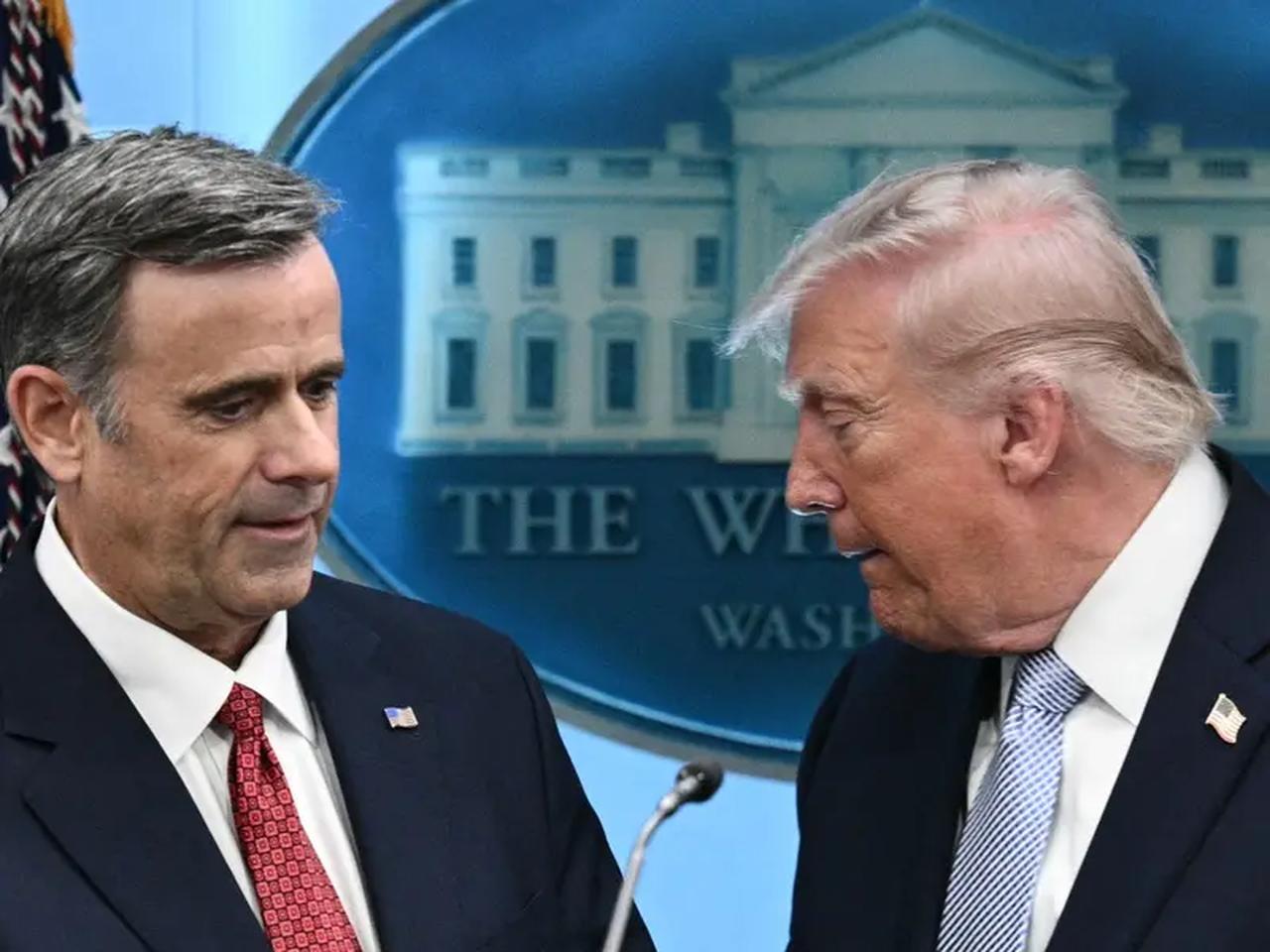 US President Donald Trump (R) cedes the podium to CIA Director John Ratcliffe (L) as they speak about the conflict in Iran in the James S. Brady Press Briefing Room of the White House, in Washington, DC on April 6, 2026. (AFP Photo)