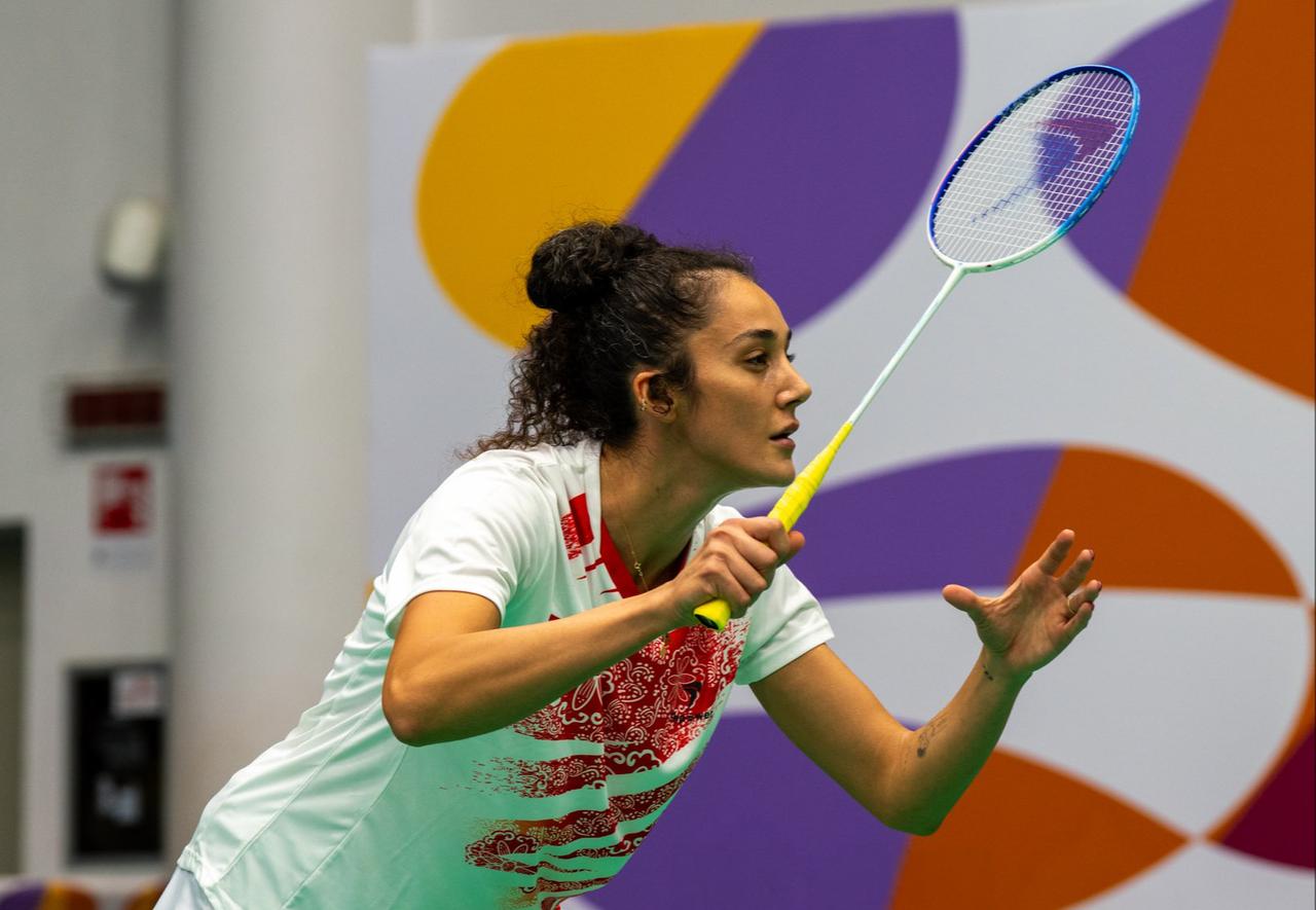Neslihan Arın competes in the women’s singles badminton final at the 20th Mediterranean Games in Taranto, Italy, Aug. 26, 2026. (Photo via Team Türkiye)