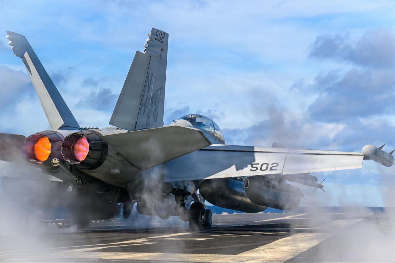 A U.S. Navy E/A-18G Growler launches off the flight deck of Nimitz-class aircraft carrier USS Theodore Roosevelt (CVN 71), Nov. 14, 2025. (Photo via U.S. Navy)