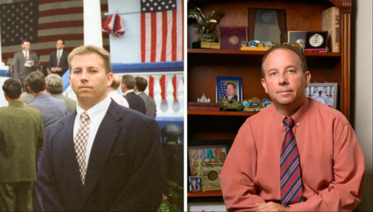 Ex-CIA officer Sean Wiswesser at a 1990s US embassy event in the former USSR, left, and at home in Alabama today (right.)