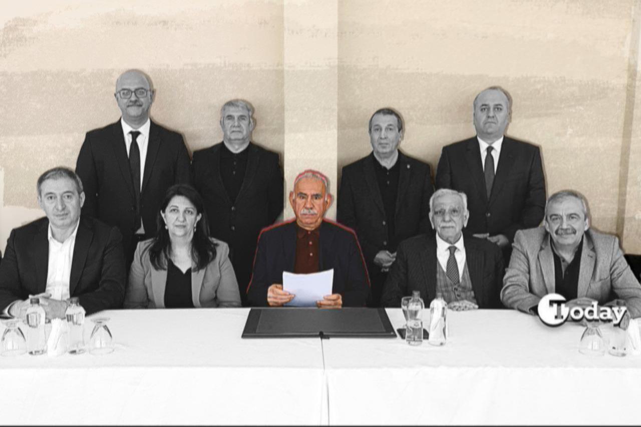 The photo shows the terrorist group PKKs ringleader, Abdullah Ocalan, reading his letter with DEM Party figures. (Collage prepared by Türkiye Today staffer)