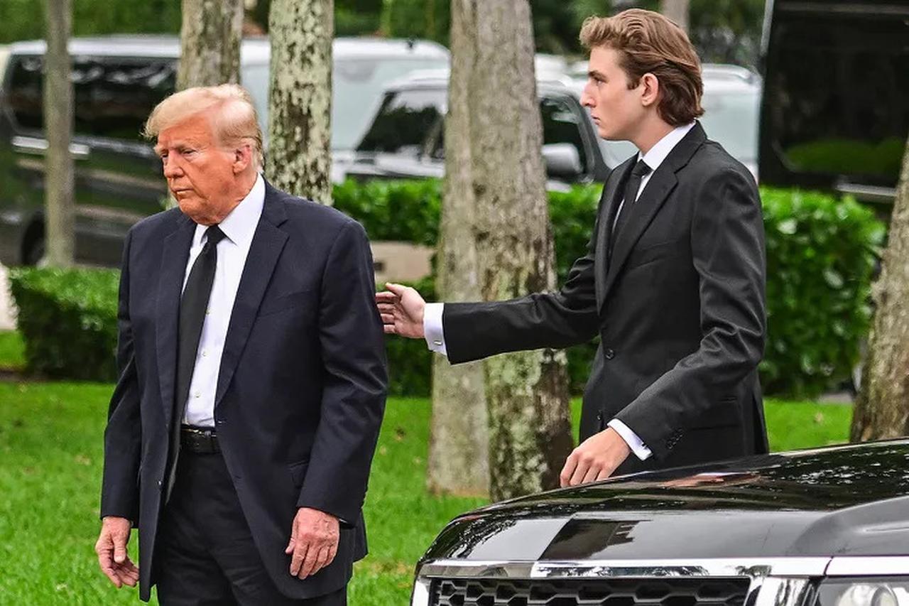 Former US President Donald Trump and his son Barron Trump attend the funeral of former first lady Melania Trump's mother, Amalija Knavs, at Bethesda-by-the-Sea Church in Palm Beach, Florida, January 18, 2024. (AFP Photo)