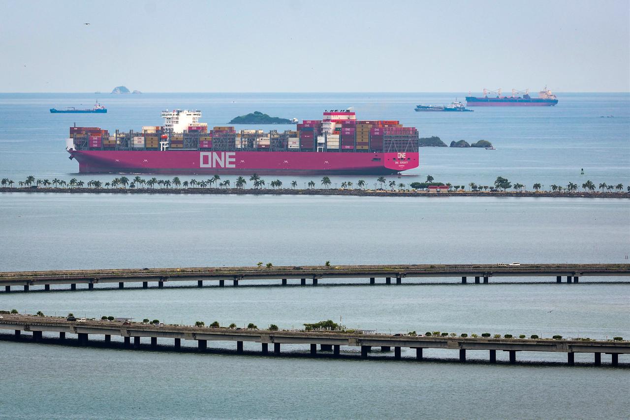 The container ship One Serenity, sailing under the Liberian flag, leaves the Panama Canal in Panama City, August 26, 2026. (AFP Photo)