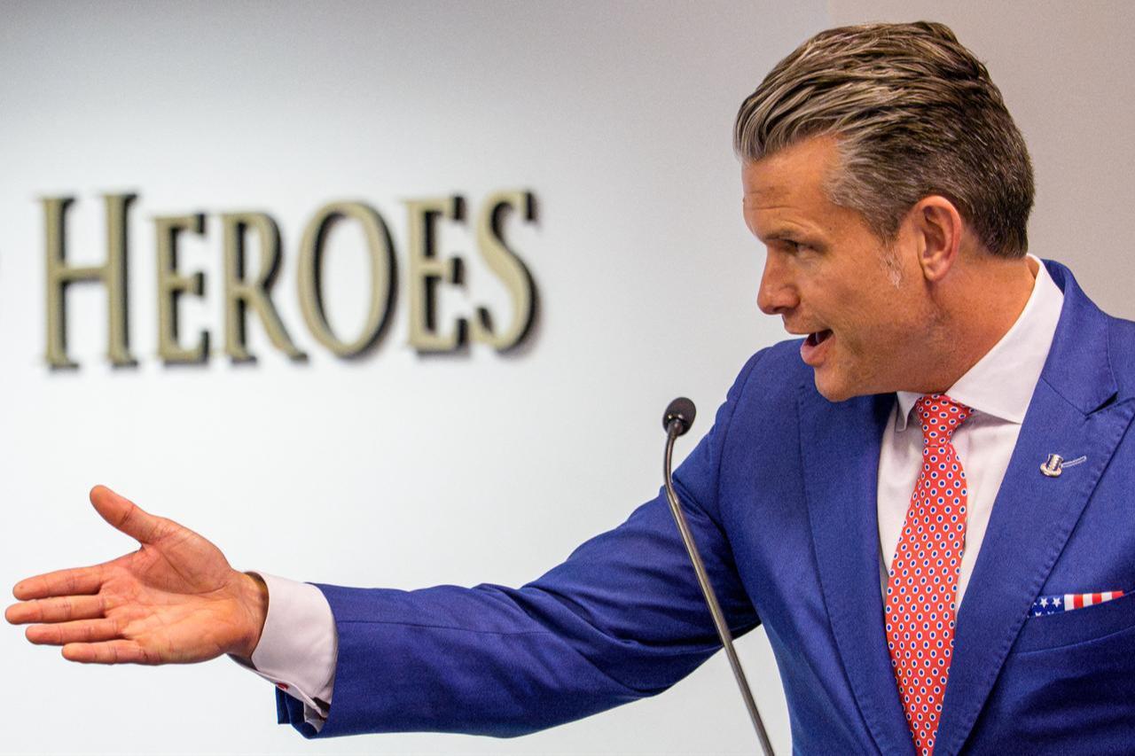 ARLINGTON, VIRGINIA - AUGUST 26: Secretary of War Pete Hegseth speaks during an event to honor Marines who were serving during the 2021 Abbey Gate bombing at the Pentagon in Arlington, Virginia on August 26, 2026. (AFP Photo)