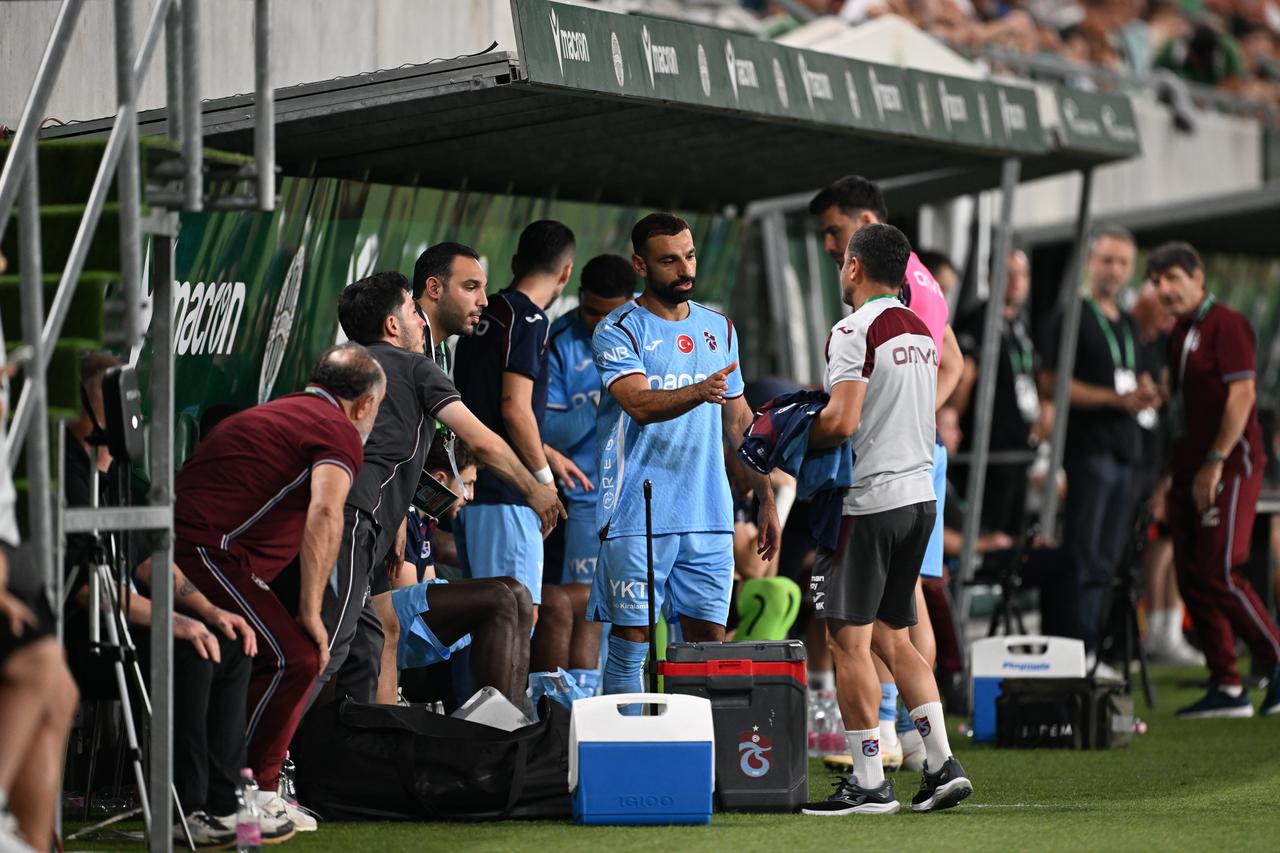 Trabzonspor player Mohamed Salah is substituted during the second half of the UEFA Europa League play-off second-leg match between Ferencvaros and Trabzonspor at Groupama Stadium in Budapest, Hungary, August 27, 2026. (AA Photo)