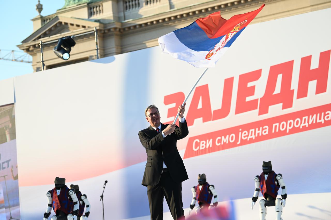 Serbian President Aleksandar Vucic attends a rally organized by the ruling Serbian Progressive Party (SNS), which he previously led, under the slogan “Serbia-One Family” in Belgrade, Serbia, on June 27, 2026. (Stringer/AA Photo)