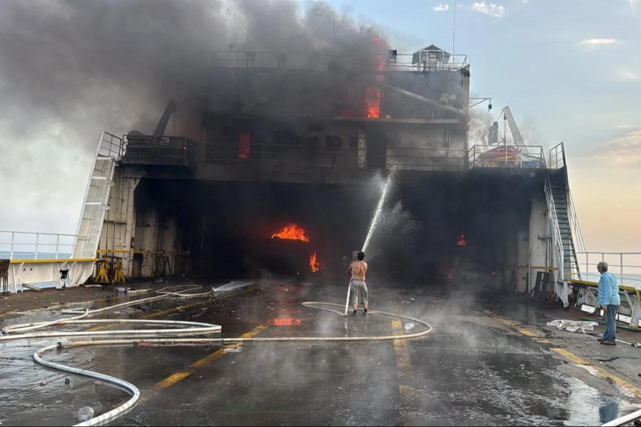 A Ukrainian drone reportedly struck a Turkish-owned roll-on/roll-off (ro-ro) cargo ship near Russia's Black Sea port of Novorossiysk, accessed on Aug. 3, 2026. (IHA Photo)