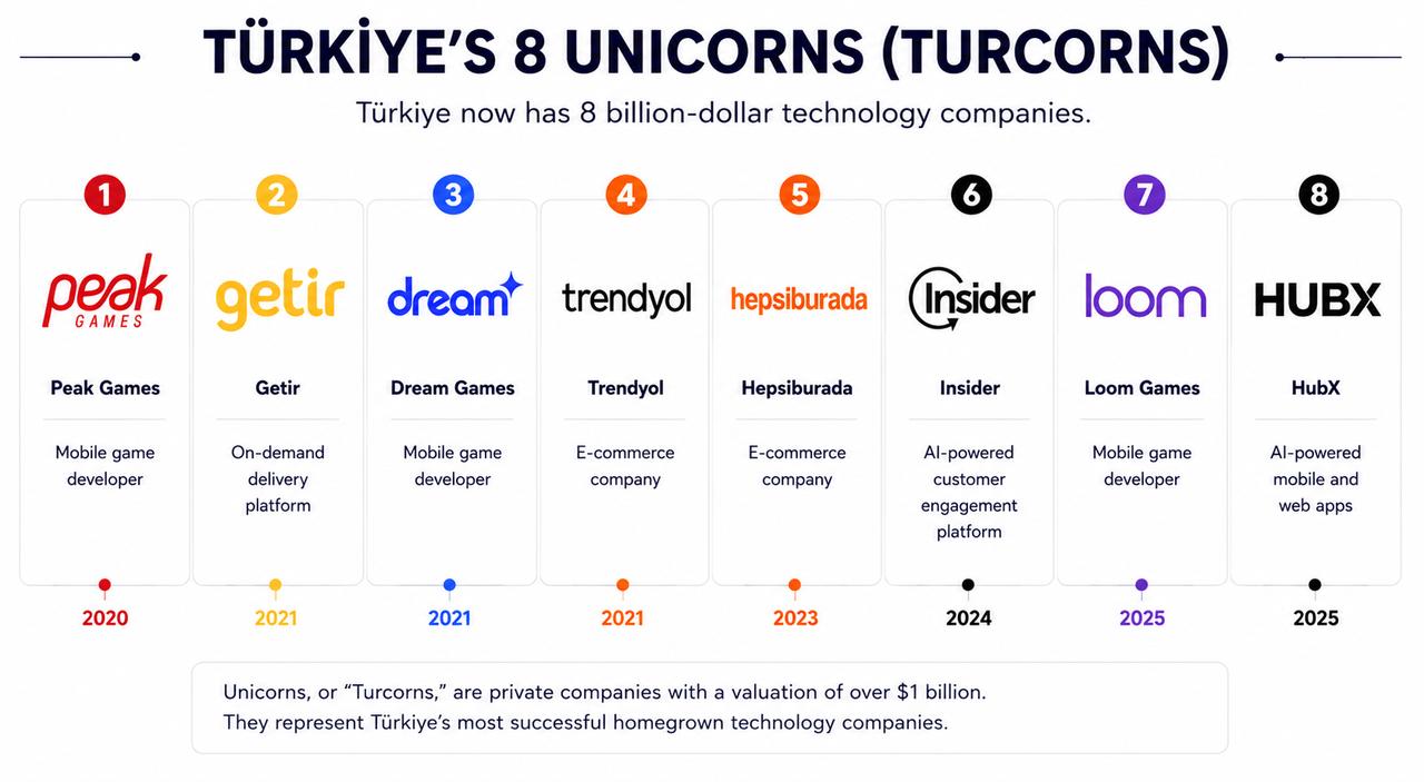 Graphic shows Türkiye's eight billion-dollar technology companies, known as Turcorns, in order of when they reached unicorn status, from Peak Games in 2020 to HubX in 2026. (Graphic by Türkiye Today)