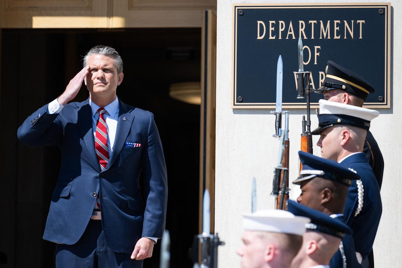 US Secretary of Defense Pete Hegseth listens as national anthems are played during an honor cordon welcoming ceremony for Italian Defense Minister Guido Crosetto at the Pentagon in Washington, DC on June 15, 2026. (AFP Photo)