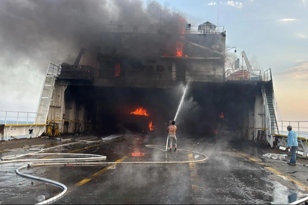 A Ukrainian drone reportedly struck a Turkish-owned roll-on/roll-off (ro-ro) cargo ship near Russia's Black Sea port of Novorossiysk, accessed on Aug. 3, 2026. (IHA Photo)