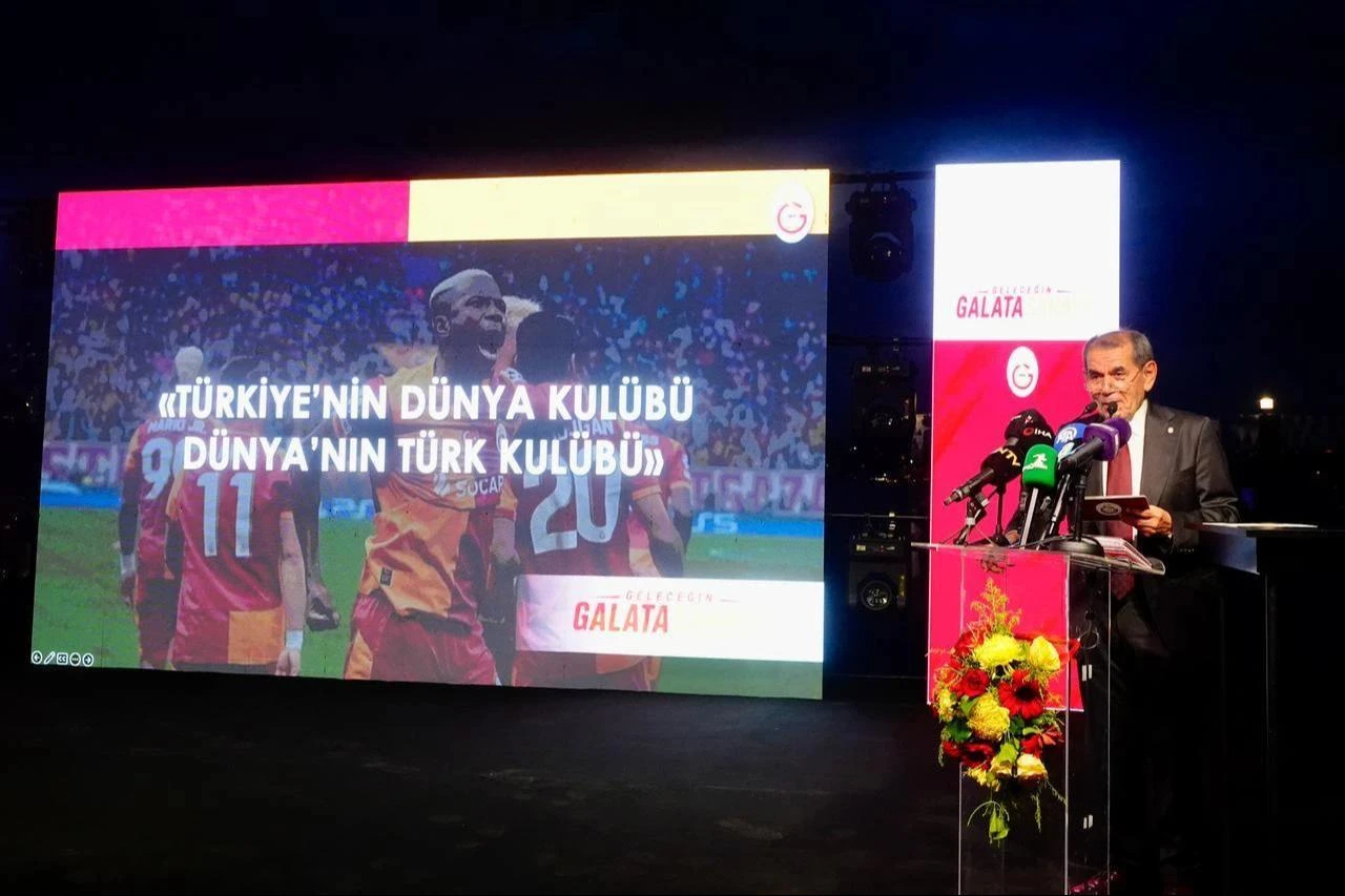 Galatasaray President Dursun Ozbek speaks during a presentation outlining the club’s future vision and global growth targets in Istanbul, Türkiye, May 16, 2026. (AA Photo)