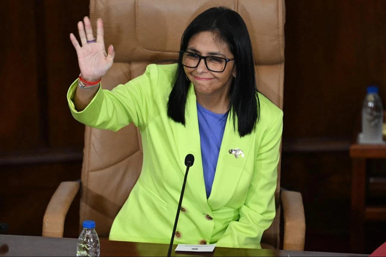 Venezuela's interim President Delcy Rodriguez waves during a presidential address to Parliament at the National Assembly in Caracas, January 15, 2026. (AFP Photo)