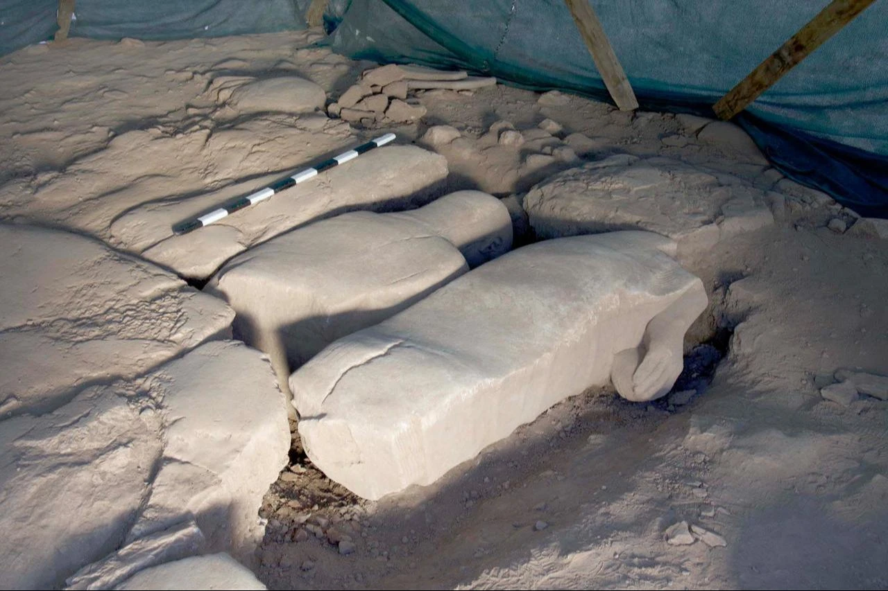 Two large sections of a 2.2-meter marble statue of a young man lie face down within the Roman-period paving where they were uncovered at the ancient city of Sardis in Manisa, western Türkiye. (AA Photo)