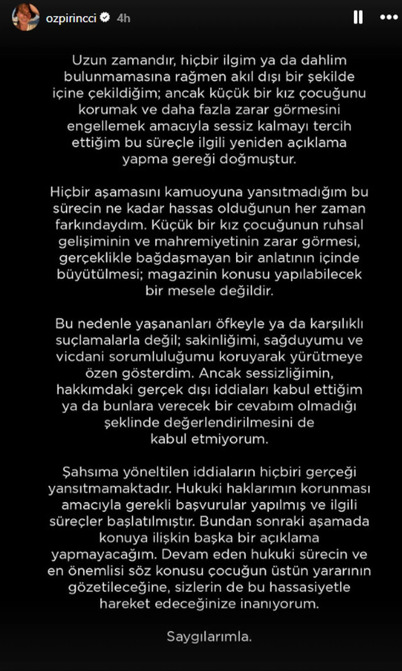 Turkish actress Ozge Ozpirincci rejects the allegations against her and says legal proceedings have been launched in a statement shared on Instagram, Aug. 3, 2026. (Photo via Instagram/@ozpirincci)