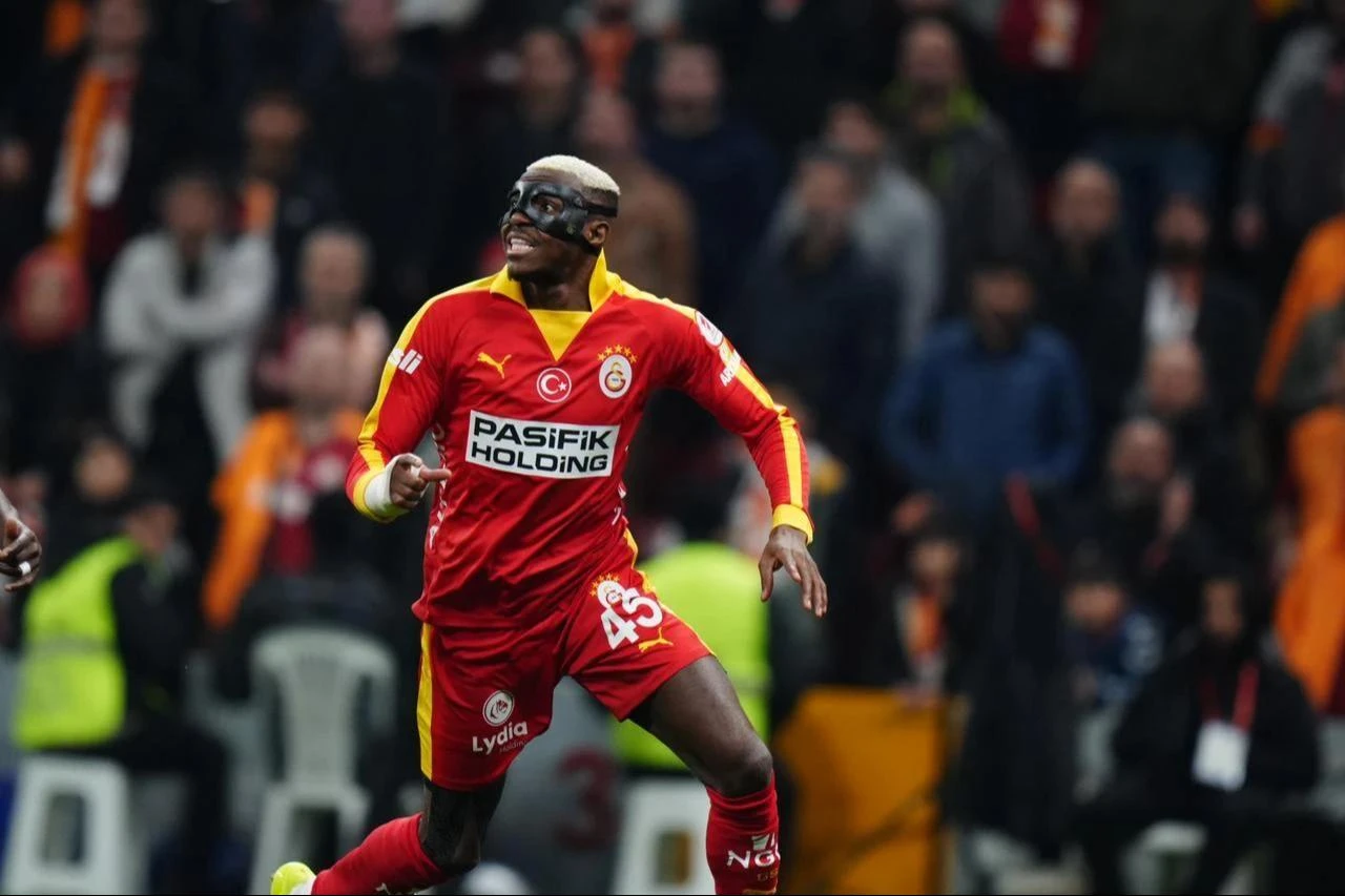 Victor Osimhen of Galatasaray competes against Dimitris Gutas of Genclerbirligi during the Turkish Cup quarter-final match between Galatasaray and Genclerbirligi at RAMS Park in Istanbul, Türkiye, April 22, 2026. (AA Photo)