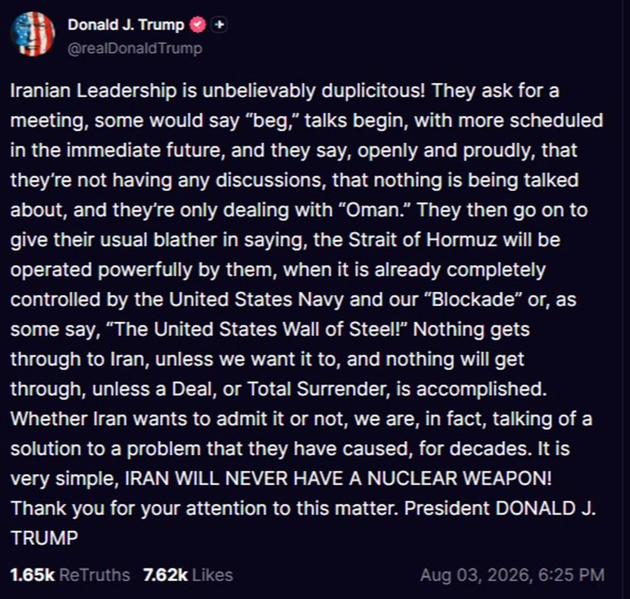 This screen grab shows U.S. President Trump's Turth Social post on Aug. 3, 2026. (Photo via Truth Social)