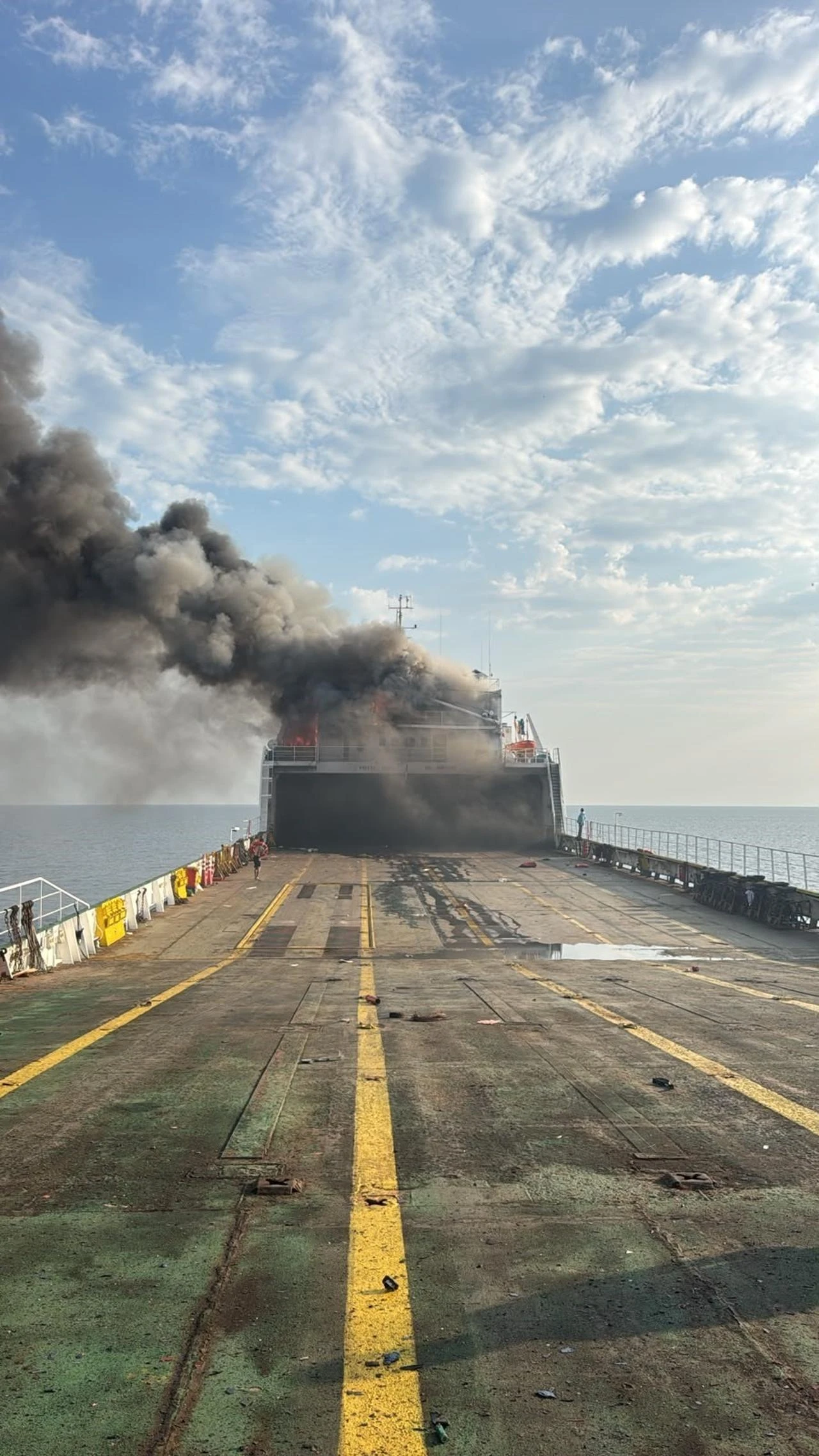 A Ukrainian drone reportedly struck a Turkish-owned roll-on/roll-off (ro-ro) cargo ship near Russia's Black Sea port of Novorossiysk, accessed on Aug. 3, 2026. (IHA Photo)