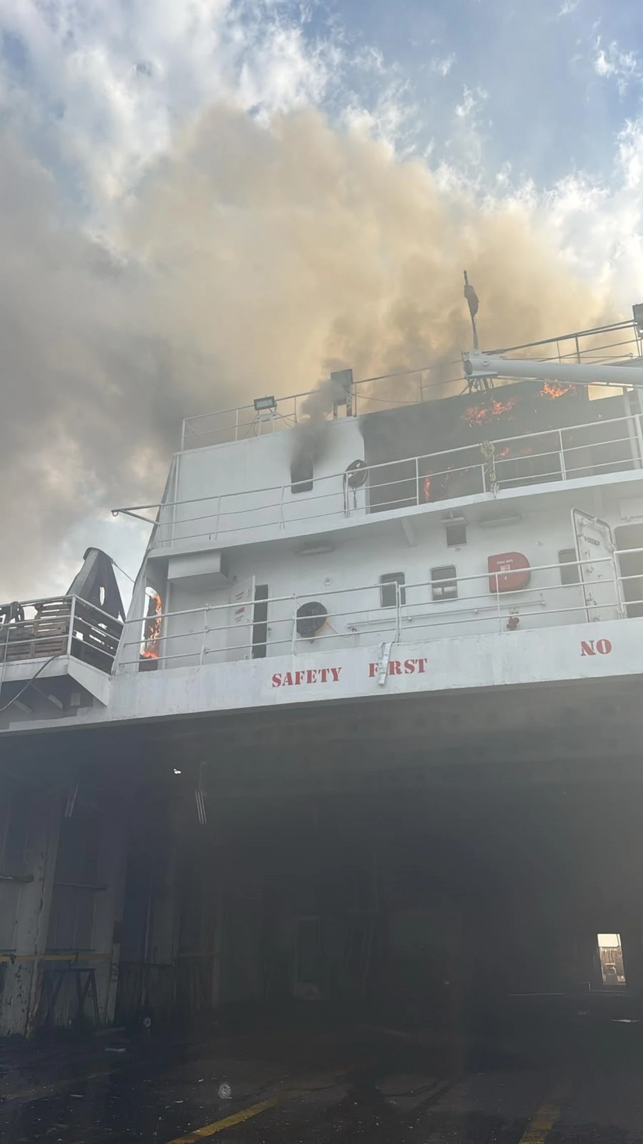 A Ukrainian drone reportedly struck a Turkish-owned roll-on/roll-off (ro-ro) cargo ship near Russia's Black Sea port of Novorossiysk, accessed on Aug. 3, 2026. (IHA Photo)