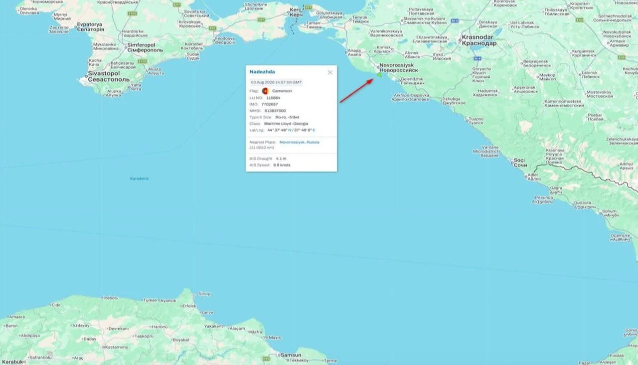 A Ukrainian drone reportedly struck a Turkish-owned roll-on/roll-off (ro-ro) cargo ship near Russia's Black Sea port of Novorossiysk, accessed on Aug. 3, 2026. (Photo via X/@denizcilikgm)
