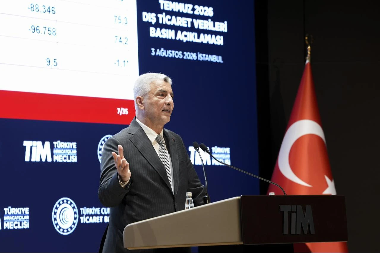 Trade Minister Omer Bolat speaks at the Türkiye Exporters Assembly (TIM) headquarters in Istanbul, Aug. 3, 2026. (AA Photo)