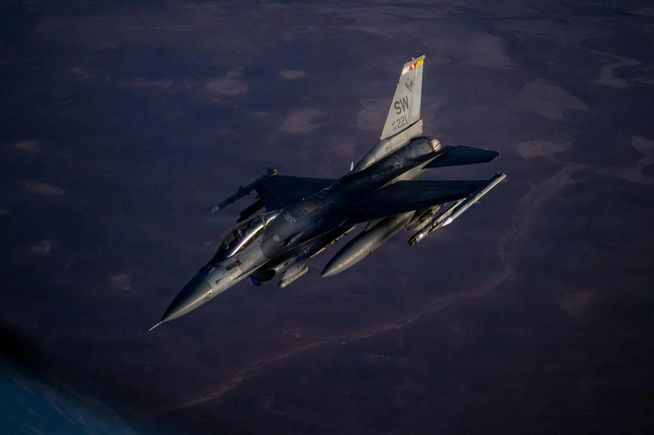 A U.S. Air Force F-16 Fighting Falcon aircraft flies in the U.S. Central Command area of responsibility July 18, 2026. (Photo via U.S. Air Force)